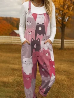 Online 100% Cotton Women's Dungarees Lightweight Graphic Sleeveless Sleeveless Straight Square Neck Pocket with Pocket Vacation Daily Loose Fit Pink Blue Purple Summer Women Graphic Jumpsuit