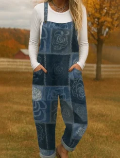Sale 100% Cotton Women's Overall Lightweight Floral Sleeveless Sleeveless Straight Square Neck with Pocket Vacation Daily Loose Fit Navy Blue Blue Khaki Summer Women Graphic Jumpsuit