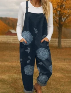 Sale 100% Cotton Women's Overall Lightweight Floral Sleeveless Sleeveless Straight Square Neck with Pocket Vacation Daily Loose Fit Navy Blue Blue Khaki Summer Women Graphic Jumpsuit