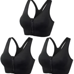 New 3 Pack Women's High Support Sports Bra Running Bra Seamless Zip Front Racerback Bra Top Padded Yoga Fitness Gym Workout Breathable Shockproof Quick Dry Khaki Black White Solid Colored Home Outfits Women Lingerie