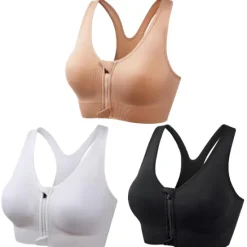 New 3 Pack Women's High Support Sports Bra Running Bra Seamless Zip Front Racerback Bra Top Padded Yoga Fitness Gym Workout Breathable Shockproof Quick Dry Khaki Black White Solid Colored Home Outfits Women Lingerie