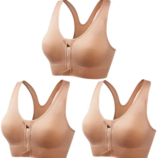 New 3 Pack Women's High Support Sports Bra Running Bra Seamless Zip Front Racerback Bra Top Padded Yoga Fitness Gym Workout Breathable Shockproof Quick Dry Khaki Black White Solid Colored Home Outfits Women Lingerie