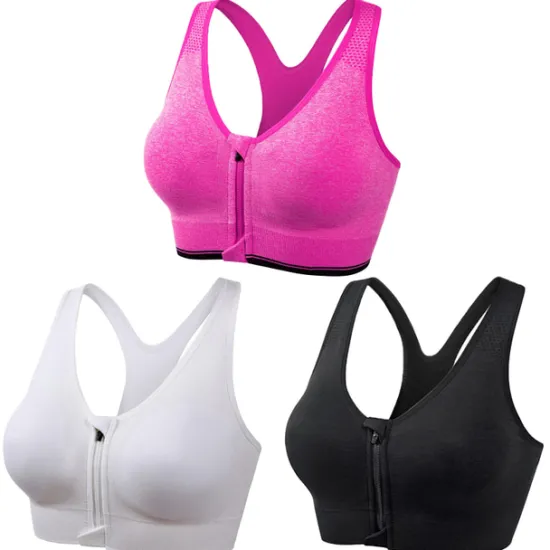 New 3 Pack Women's High Support Sports Bra Running Bra Seamless Zip Front Racerback Bra Top Padded Yoga Fitness Gym Workout Breathable Shockproof Quick Dry Khaki Black White Solid Colored Home Outfits Women Lingerie