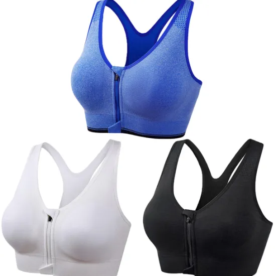New 3 Pack Women's High Support Sports Bra Running Bra Seamless Zip Front Racerback Bra Top Padded Yoga Fitness Gym Workout Breathable Shockproof Quick Dry Khaki Black White Solid Colored Home Outfits Women Lingerie