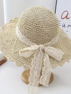1 pcs Summer Handmade Crochet Lace Straw Hat For Women With Wide Brim Foldable Beach Hat Women Hats