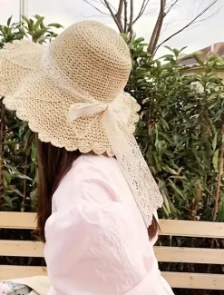 1 pcs Summer Handmade Crochet Lace Straw Hat For Women With Wide Brim Foldable Beach Hat Women Hats