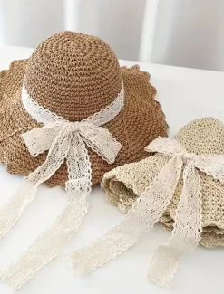 1 pcs Summer Handmade Crochet Lace Straw Hat For Women With Wide Brim Foldable Beach Hat Women Hats