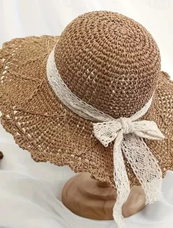 1 pcs Summer Handmade Crochet Lace Straw Hat For Women With Wide Brim Foldable Beach Hat Women Hats