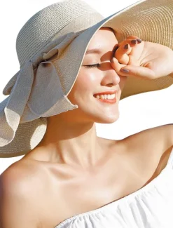 Sale 1 pcs Womens 5.5 Inches Big Bowknot Straw Hat Large Floppy Foldable Roll up Beach Cap Sun Hat UPF 50 Women Hats