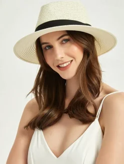 Outlet 1 pcs Womens Mens Wide Brim Straw Panama Hat Fedora Summer Beach Sun Hat Straw Hat for Women Women Hats