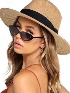 Outlet 1 pcs Womens Mens Wide Brim Straw Panama Hat Fedora Summer Beach Sun Hat Straw Hat for Women Women Hats