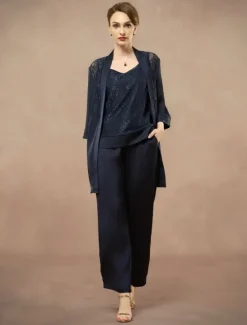 New 3 Piece Mother of the Bride Pantsuit Metalic Floral Lace Applique Elegant Minimalist V Neck Ankle Length Lace 3/4 Length Sleeve Jacket2025 Women Two Piece Sets