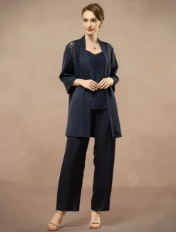 New 3 Piece Mother of the Bride Pantsuit Metalic Floral Lace Applique Elegant Minimalist V Neck Ankle Length Lace 3/4 Length Sleeve Jacket2025 Women Two Piece Sets