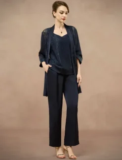 New 3 Piece Mother of the Bride Pantsuit Metalic Floral Lace Applique Elegant Minimalist V Neck Ankle Length Lace 3/4 Length Sleeve Jacket2025 Women Two Piece Sets