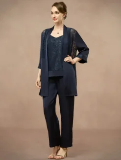New 3 Piece Mother of the Bride Pantsuit Metalic Floral Lace Applique Elegant Minimalist V Neck Ankle Length Lace 3/4 Length Sleeve Jacket2025 Women Two Piece Sets