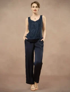 New 3 Piece Mother of the Bride Pantsuit Metalic Floral Lace Applique Elegant Minimalist V Neck Ankle Length Lace 3/4 Length Sleeve Jacket2025 Women Two Piece Sets