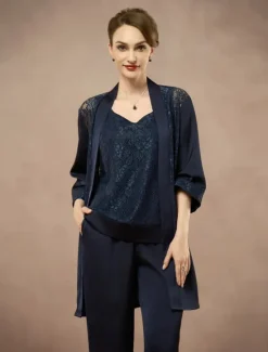 New 3 Piece Mother of the Bride Pantsuit Metalic Floral Lace Applique Elegant Minimalist V Neck Ankle Length Lace 3/4 Length Sleeve Jacket2025 Women Two Piece Sets