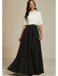 Online A-Line Mother of the Bride Dress Elegant Party Shirt Collar Floor Length Taffeta Short Sleeve with Bow(s) Color Block 2025 Women Cocktail Dress