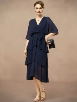 Outlet A-Line Mother of the Bride Dress Elegant V Neck Floor Length Chiffon Half Sleeve with Bow(s) Cascading Ruffles Solid Color 2025 Women Cocktail Dress