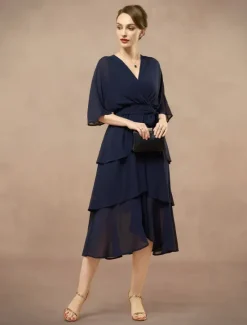 Outlet A-Line Mother of the Bride Dress Elegant V Neck Floor Length Chiffon Half Sleeve with Bow(s) Cascading Ruffles Solid Color 2025 Women Cocktail Dress
