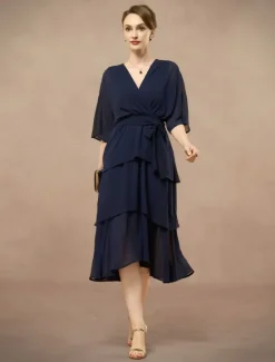 Outlet A-Line Mother of the Bride Dress Elegant V Neck Floor Length Chiffon Half Sleeve with Bow(s) Cascading Ruffles Solid Color 2025 Women Cocktail Dress