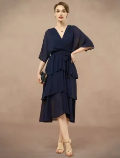 Outlet A-Line Mother of the Bride Dress Elegant V Neck Floor Length Chiffon Half Sleeve with Bow(s) Cascading Ruffles Solid Color 2025 Women Cocktail Dress