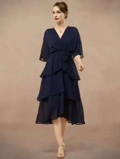 Outlet A-Line Mother of the Bride Dress Elegant V Neck Floor Length Chiffon Half Sleeve with Bow(s) Cascading Ruffles Solid Color 2025 Women Cocktail Dress