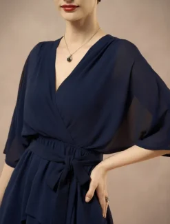 Outlet A-Line Mother of the Bride Dress Elegant V Neck Floor Length Chiffon Half Sleeve with Bow(s) Cascading Ruffles Solid Color 2025 Women Cocktail Dress