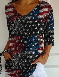 Outlet American Women's Blouse Floral Graphic Bohemia Vintage Tropical 3/4 Length Sleeve V Neck Regular Tops Daily Buttons Print Black Dusty Blue Light Blue Summer Spring Women Independence Day Top