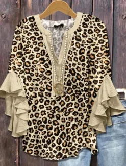 Online American Women's Blouse Graphic Leopard Bohemia Vintage Daily 3/4 Length Sleeve Flutter Sleeve V Neck Regular Tops Daily Holiday Vacation Wear Ruffle Print Yellow Light Green Pink Women Independence Day Top