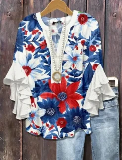 Online American Women's Blouse Graphic Leopard Bohemia Vintage Daily 3/4 Length Sleeve Flutter Sleeve V Neck Regular Tops Daily Holiday Vacation Wear Ruffle Print Yellow Light Green Pink Women Independence Day Top