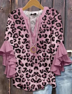 Online American Women's Blouse Graphic Leopard Bohemia Vintage Daily 3/4 Length Sleeve Flutter Sleeve V Neck Regular Tops Daily Holiday Vacation Wear Ruffle Print Yellow Light Green Pink Women Independence Day Top