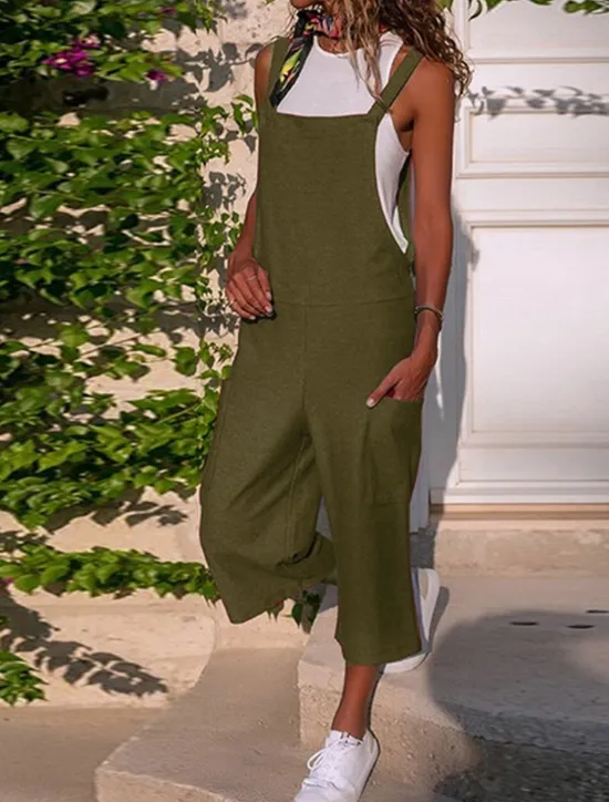 Outlet Black Jumpsuit for Women Utility Overall Pocket Solid Color U Neck Streetwear Daily Vacation Regular Fit Strap Wine Army Green S M L Summer Fall Women Overalls