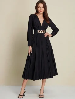Discount Satin Pleated Party/Wedding Guest Deep V Long Sleeve Belted Maxi Dress dress to impress 2024 Women Cocktail Dress