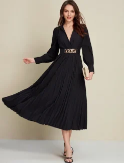 Discount Satin Pleated Party/Wedding Guest Deep V Long Sleeve Belted Maxi Dress dress to impress 2024 Women Cocktail Dress