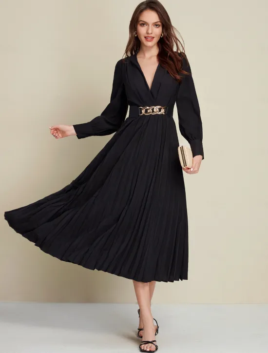 Discount Satin Pleated Party/Wedding Guest Deep V Long Sleeve Belted Maxi Dress dress to impress 2024 Women Cocktail Dress
