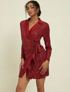 Online Sequin Deep V Wedding Guest/Party/Birthday Long Sleeve Mini Dress Wrap Dress dress to impress 2024 Women Cocktail Dress