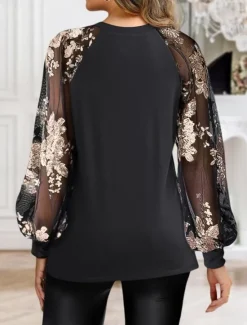Hot Blouse Women's 6 black Black+white+grey Black Lace Flower / Plants Lace Print Daily Elegant Round Regular Fit S Women Lace Tops