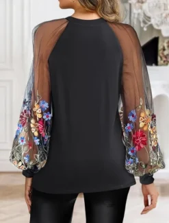 Hot Blouse Women's 6 black Black+white+grey Black Lace Flower / Plants Lace Print Daily Elegant Round Regular Fit S Women Lace Tops