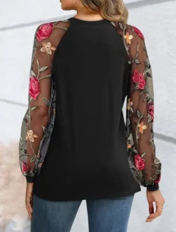Hot Blouse Women's 6 black Black+white+grey Black Lace Flower / Plants Lace Print Daily Elegant Round Regular Fit S Women Lace Tops