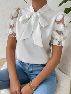Discount Blouse Women's Black White Red Solid / Plain Color Lace Bow Daily Elegant Standing Collar Regular Fit S Women Lace Tops