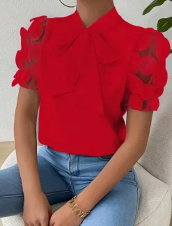 Discount Blouse Women's Black White Red Solid / Plain Color Lace Bow Daily Elegant Standing Collar Regular Fit S Women Lace Tops