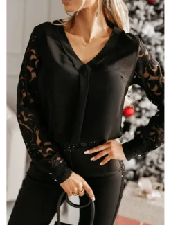 Hot Blouse Women's Black White Solid / Plain Color Lace Daily Elegant V Neck Regular Fit S Women Lace Tops