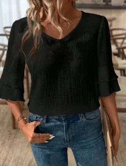 Hot Blouse Women's Black White Pink Solid / Plain Color Flounced Shirred Daily Elegant V Neck Regular Fit S Women Cover Up