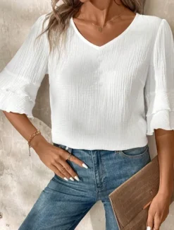 Hot Blouse Women's Black White Pink Solid / Plain Color Flounced Shirred Daily Elegant V Neck Regular Fit S Women Cover Up