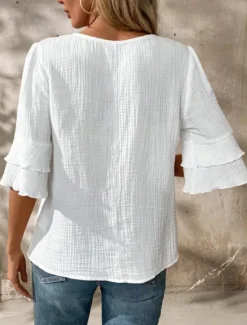 Hot Blouse Women's Black White Pink Solid / Plain Color Flounced Shirred Daily Elegant V Neck Regular Fit S Women Cover Up