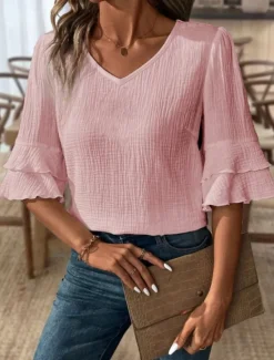 Hot Blouse Women's Black White Pink Solid / Plain Color Flounced Shirred Daily Elegant V Neck Regular Fit S Women Cover Up