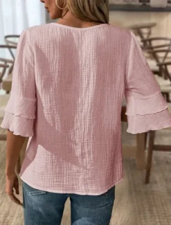 Hot Blouse Women's Black White Pink Solid / Plain Color Flounced Shirred Daily Elegant V Neck Regular Fit S Women Cover Up