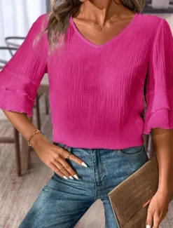 Hot Blouse Women's Black White Pink Solid / Plain Color Flounced Shirred Daily Elegant V Neck Regular Fit S Women Cover Up