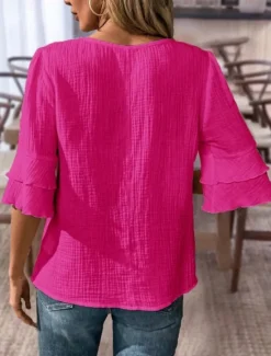 Hot Blouse Women's Black White Pink Solid / Plain Color Flounced Shirred Daily Elegant V Neck Regular Fit S Women Cover Up